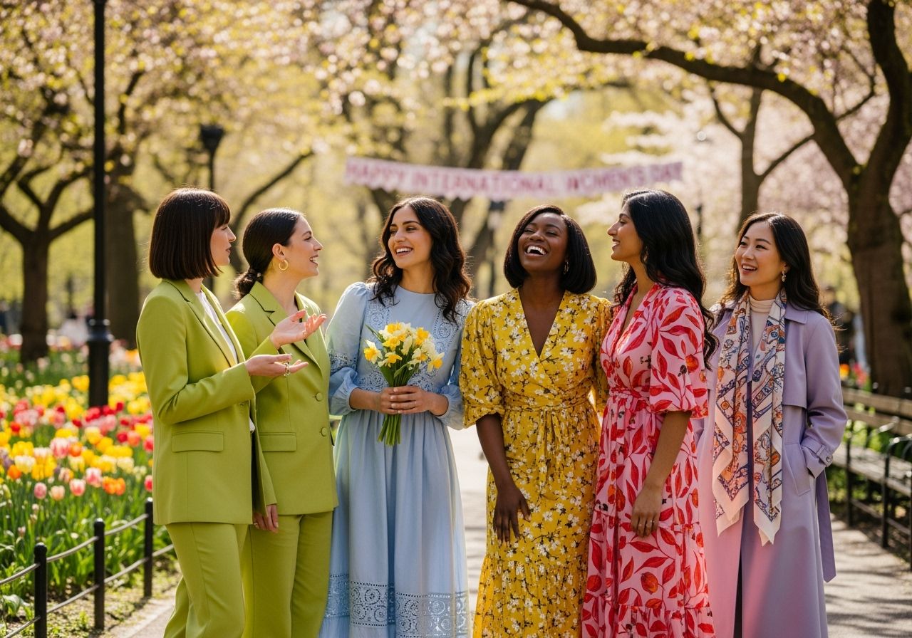 Skupina žien oslavujúcich Medzinárodný deň žien v mestskom parku počas jarnej sezóny.