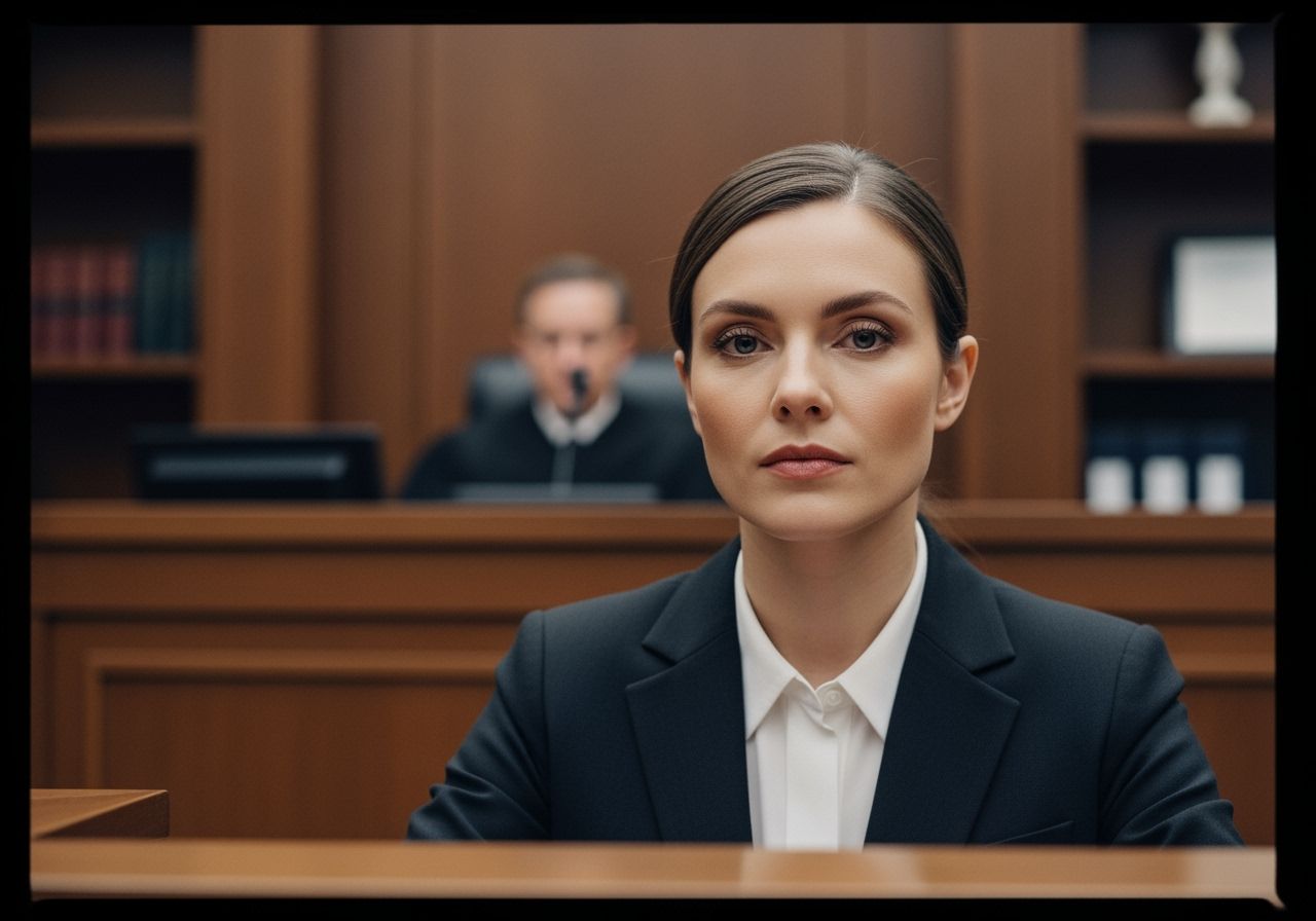 Žena s profesionálnym oblečením sediaca ako svedok v súdnej sieni s rozmazaným pozadím.