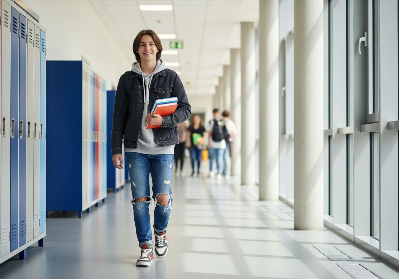Usmievajúci sa tínedžer s knihami kráča školskou chodbou s uzamknutými skriňami v pozadí.