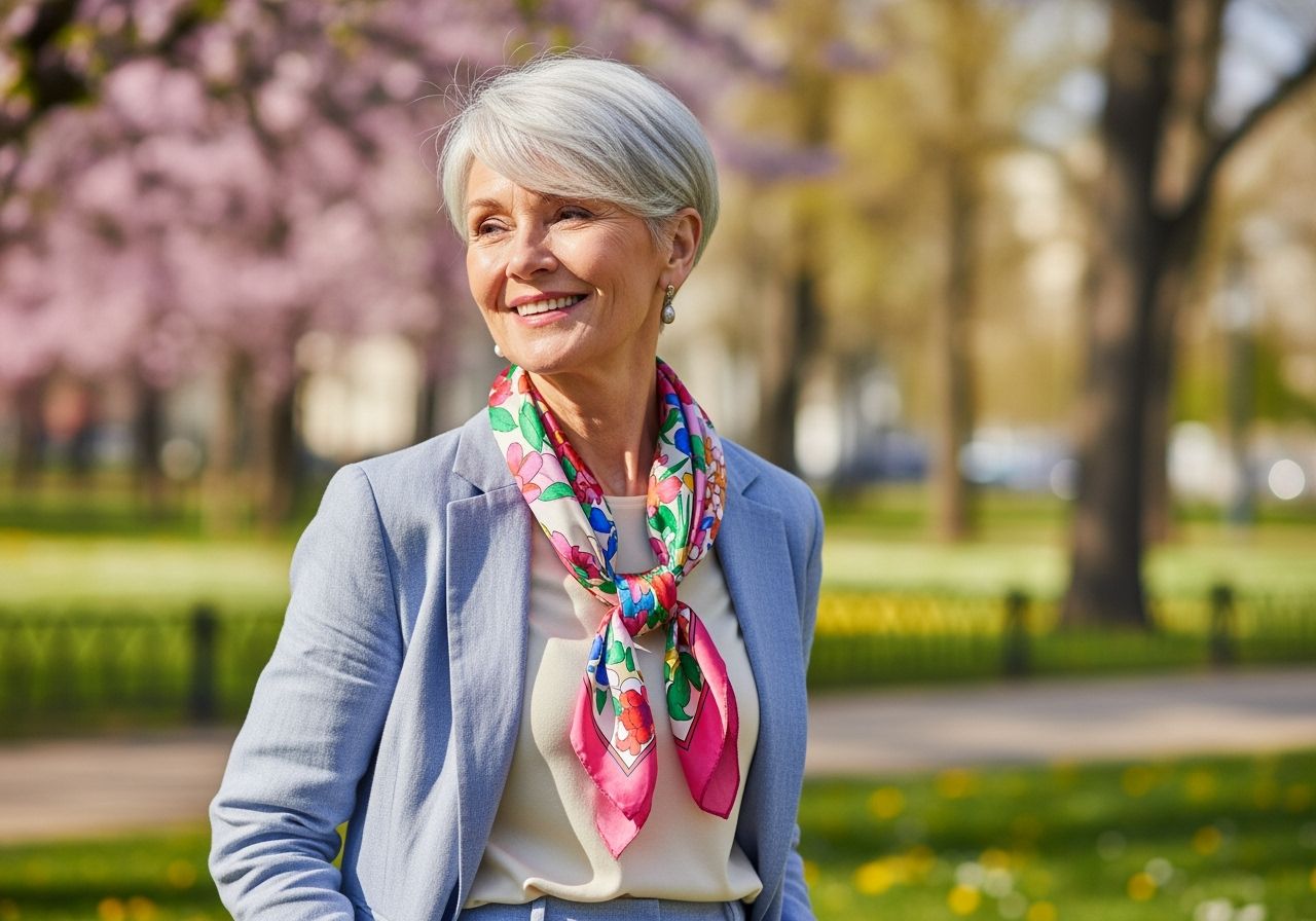 štýlová staršia žena nad 60 rokov usmievajúca sa vonku v mestskom parku na jar