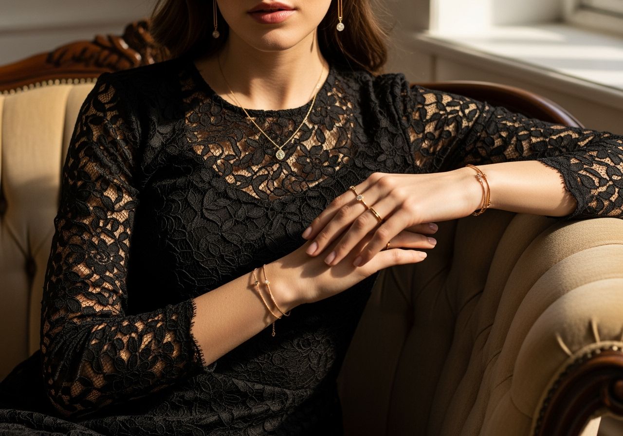 Žena v čiernych čipkovaných šatách sediaca na vintage zamatovom kresle s jemnou zlatou bižutériou