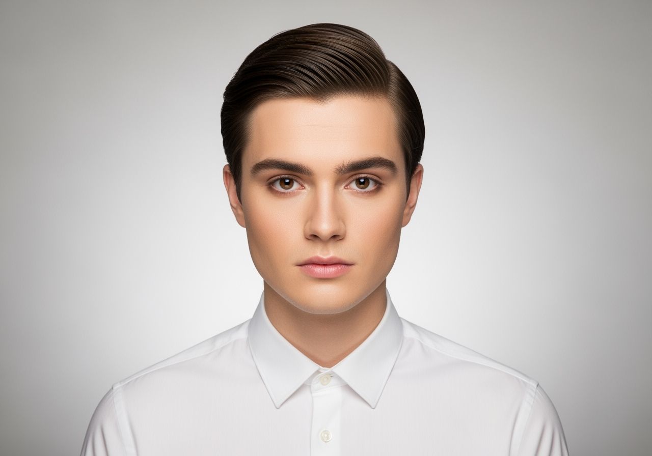 Mladý dospelý pripravujúci sa na identifikačnú fotku pred neutrálnym pozadím v bielej košeli