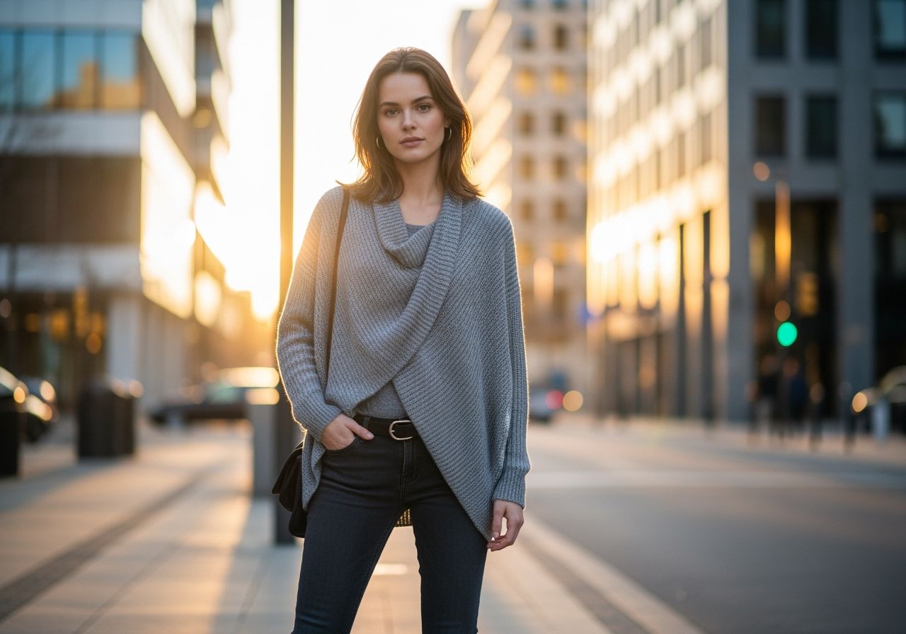 Mladá žena v šedom svetri stojaca na mestskej ulici počas zlatej hodiny s modernými budovami.