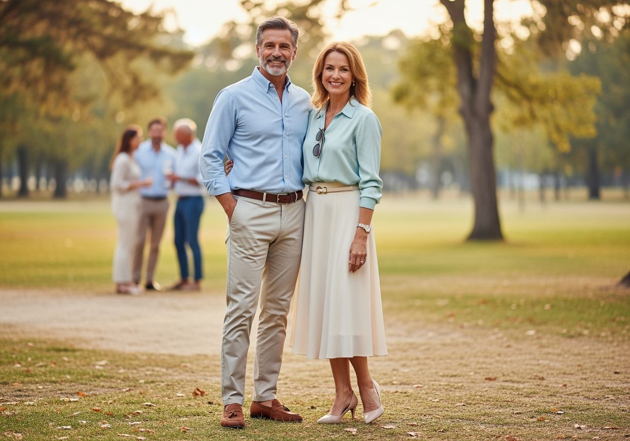 Stredne vekový muž a žena sa usmievajú na neformálnom stretnutí v parku počas zlatého svetla.