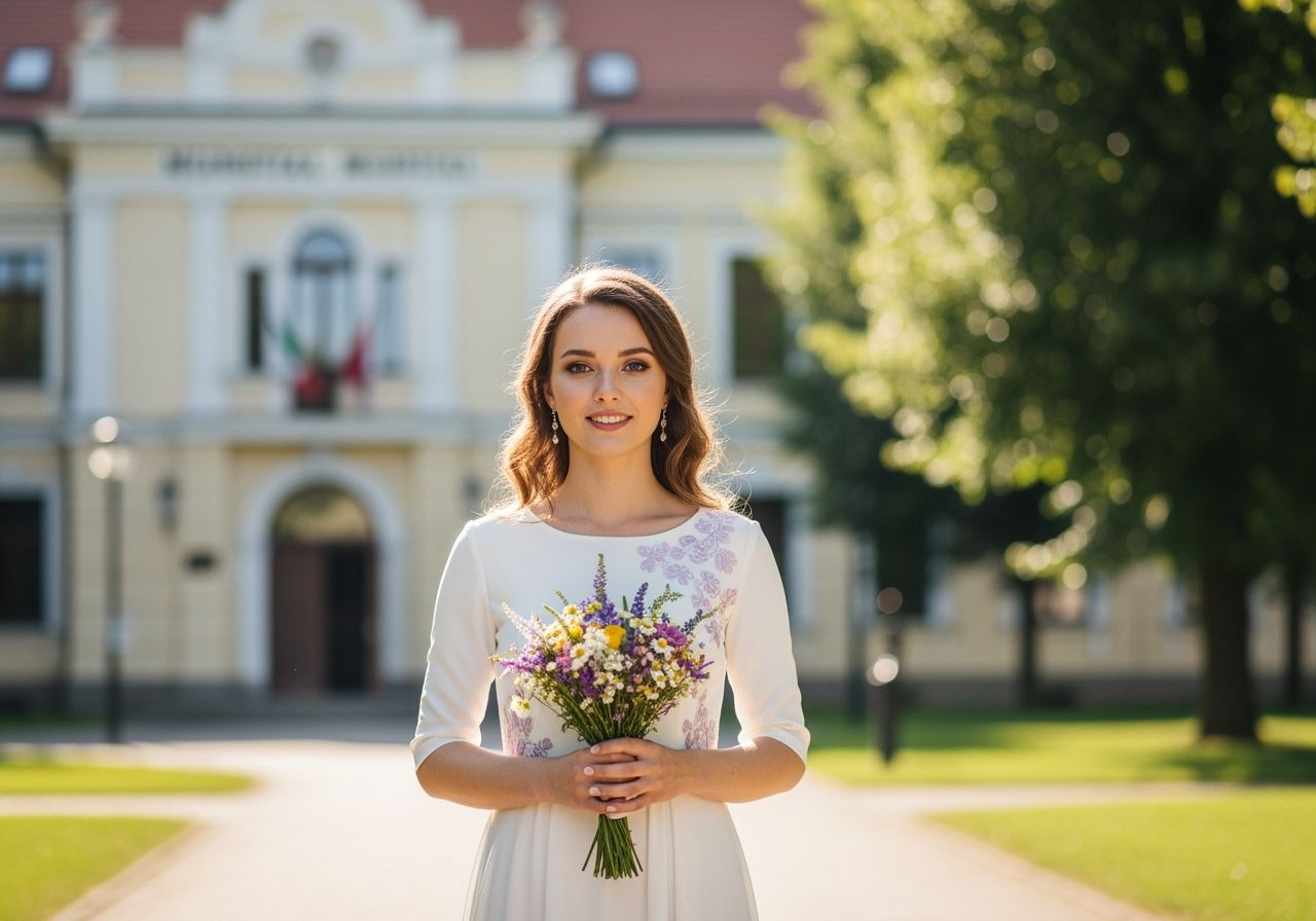 Mladá nevesta na civilnom sobáši vonku s kyticou divých kvetov pred mestskou budovou.