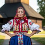 Žena v tradičnom slovenskom odeve pred historickým dreveným kostolom v prírode.