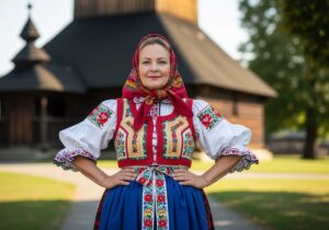 Žena v tradičnom slovenskom odeve pred historickým dreveným kostolom v prírode.
