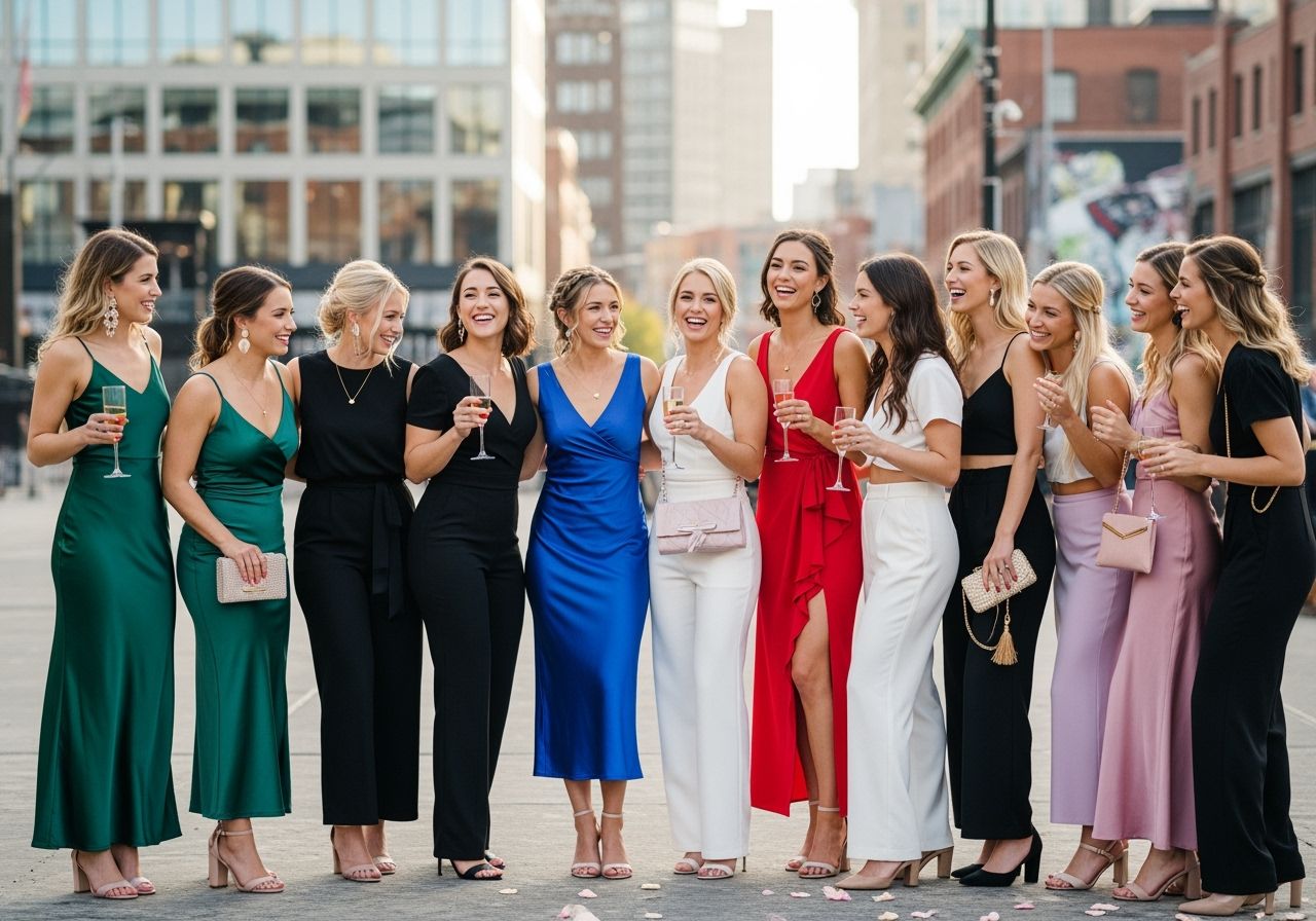 skupina žien oslavuje rozlúčku so slobodou vonku v mestskom prostredí v rôznych outfitoch