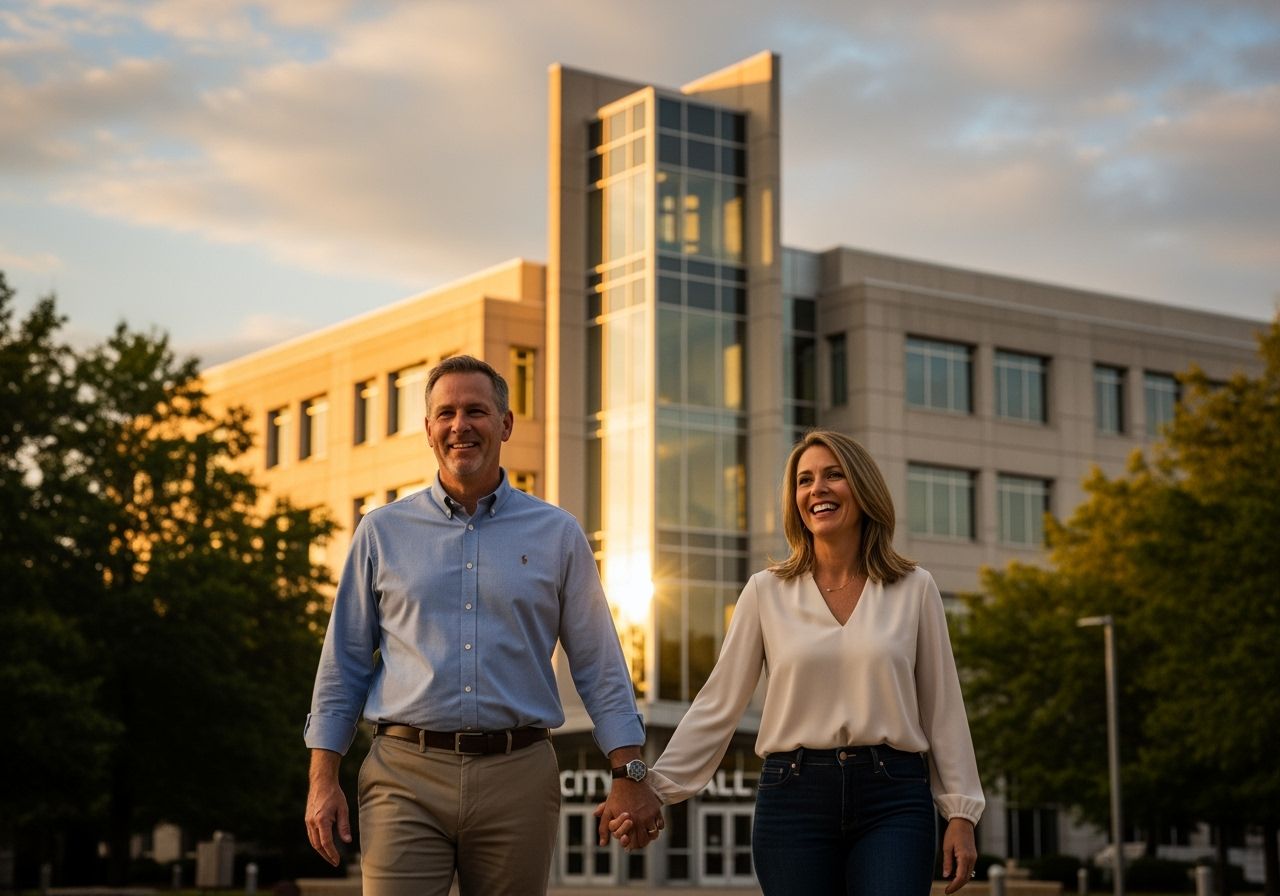 Stredný pár drží ruky pred modernou radnicou za teplého svetla zlatej hodiny.