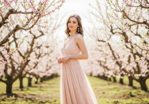 Mladá žena v púdrovo oranžových šatách stojí pod kvitnúcimi broskyňovými stromami.
