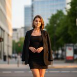 žena v čiernych šatách a sako na ulici mesta počas zlatej hodiny, rozmazané pozadie, textúry látky