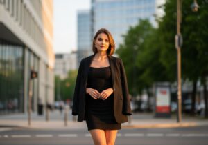 žena v čiernych šatách a sako na ulici mesta počas zlatej hodiny, rozmazané pozadie, textúry látky