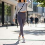 Mladá žena chodí po meste v legínach a veľkom svetri s bielymi teniskami a kabelkou cez rameno.