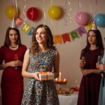 Skupina mladých žien na oslave narodenín, jedna drží darček, vnútorné prostredie so svetlami a dekoráciami.