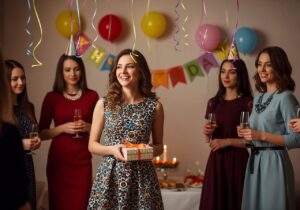 Skupina mladých žien na oslave narodenín, jedna drží darček, vnútorné prostredie so svetlami a dekoráciami.
