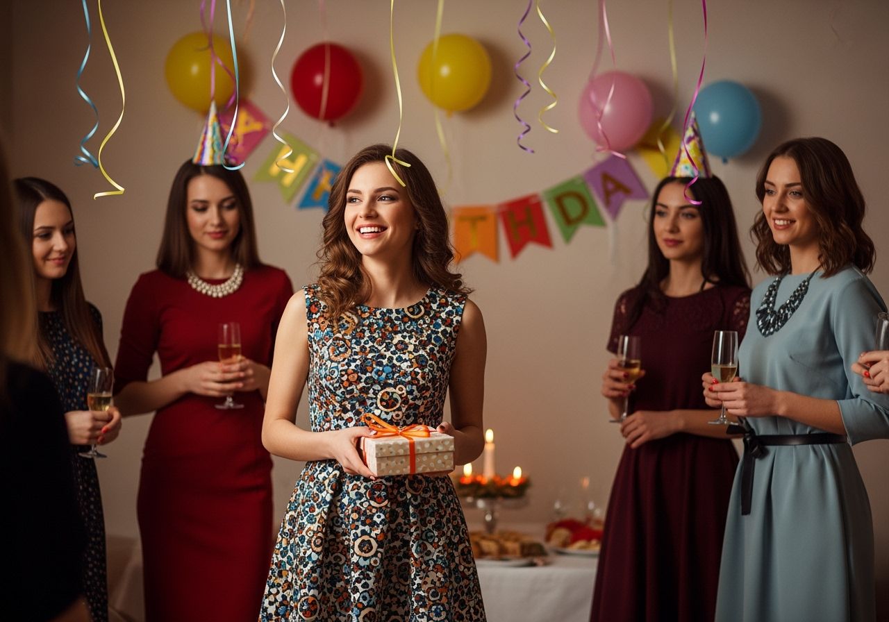 Skupina mladých žien na oslave narodenín, jedna drží darček, vnútorné prostredie so svetlami a dekoráciami.