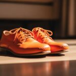 Oranžové topánky na drevenej podlahe s prirodzeným svetlom a rozmazaným pozadím v modernom interiéri