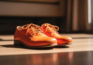 Oranžové topánky na drevenej podlahe s prirodzeným svetlom a rozmazaným pozadím v modernom interiéri