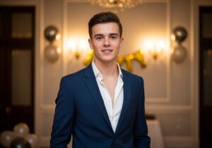 Mladý muž v modrom obleku oslavuje 18. narodeniny v elegantnej miestnosti s rozmazaným pozadím.