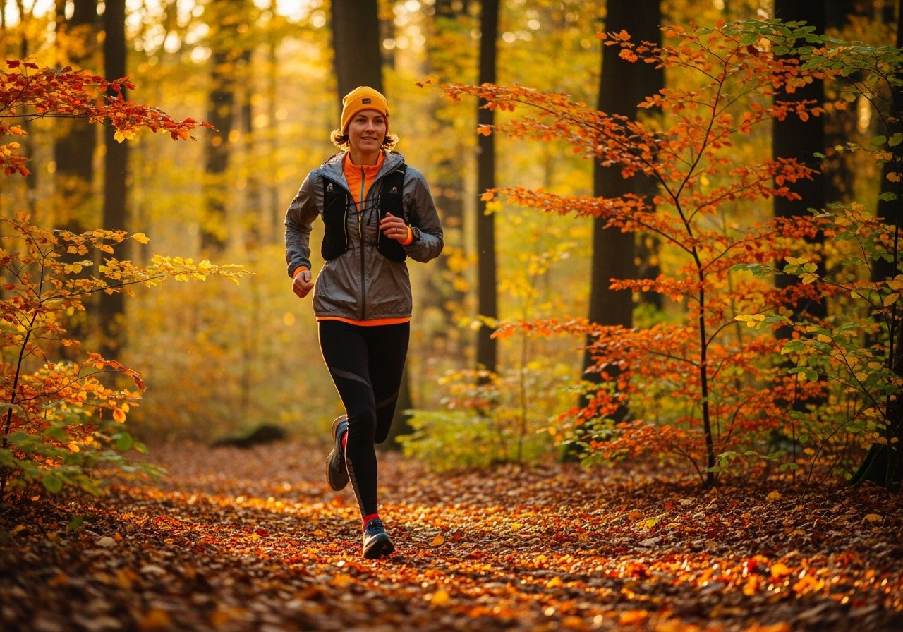 Osoba beží jesenným lesom v vrstvenom oblečení, obklopená spadnutými listami a slnečným svetlom.