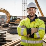 Mužský stavebný pracovník v reflexnej veste a prilbe stojí na stavenisku s náradím v pozadí