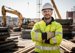 Mužský stavebný pracovník v reflexnej veste a prilbe stojí na stavenisku s náradím v pozadí