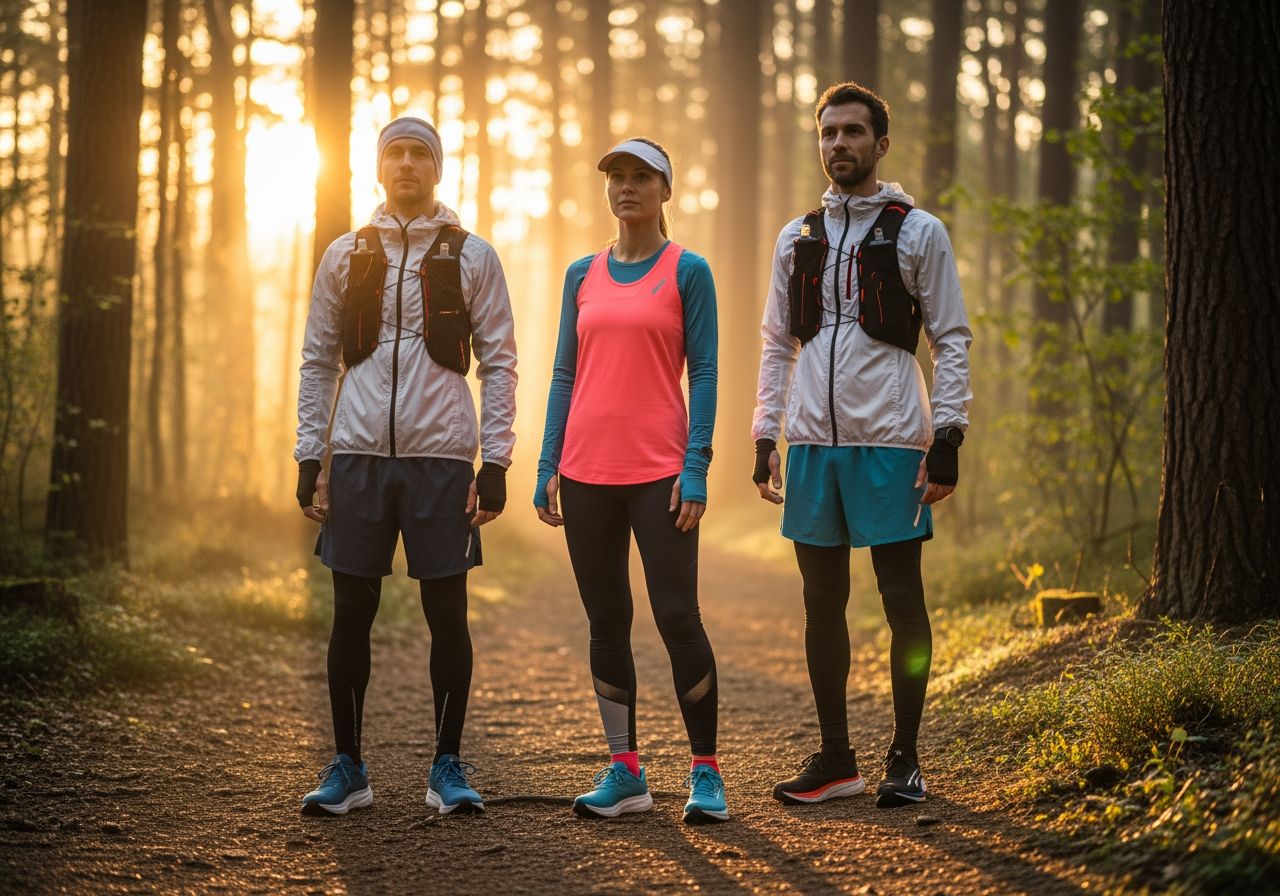 Skupina troch bežcov na lesnej ceste pri východe slnka v rôznom športovom oblečení pripravení na beh.