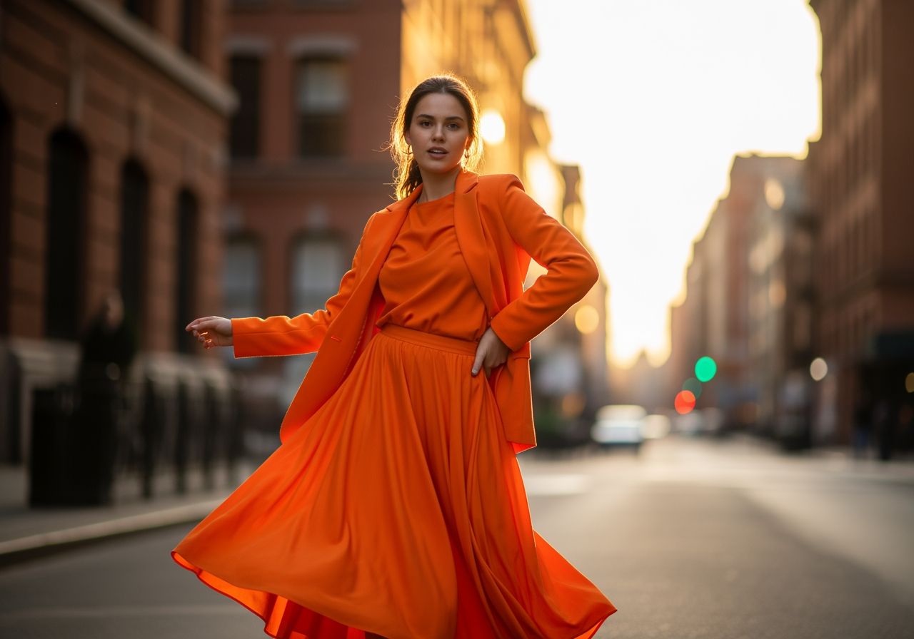 Mladá žena v oranžovom outfite stojaca na mestskej ulici počas zlatej hodiny.