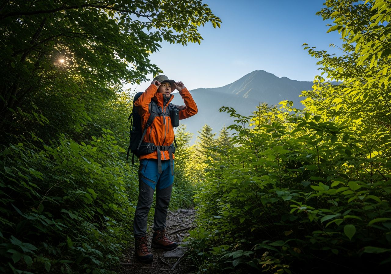 turista na lesnej ceste s batohom, ustavuje klobúk, pred horami za jasného dňa