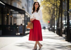 Mladá žena v červenej sukni s bielou blúzkou a béžovými topánkami na mestských uliciach.