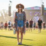 Mladá žena na letnom hudobnom festivale s klobúkom, slnečnými okuliarmi a fľašou na vodu.