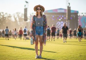 Mladá žena na letnom hudobnom festivale s klobúkom, slnečnými okuliarmi a fľašou na vodu.