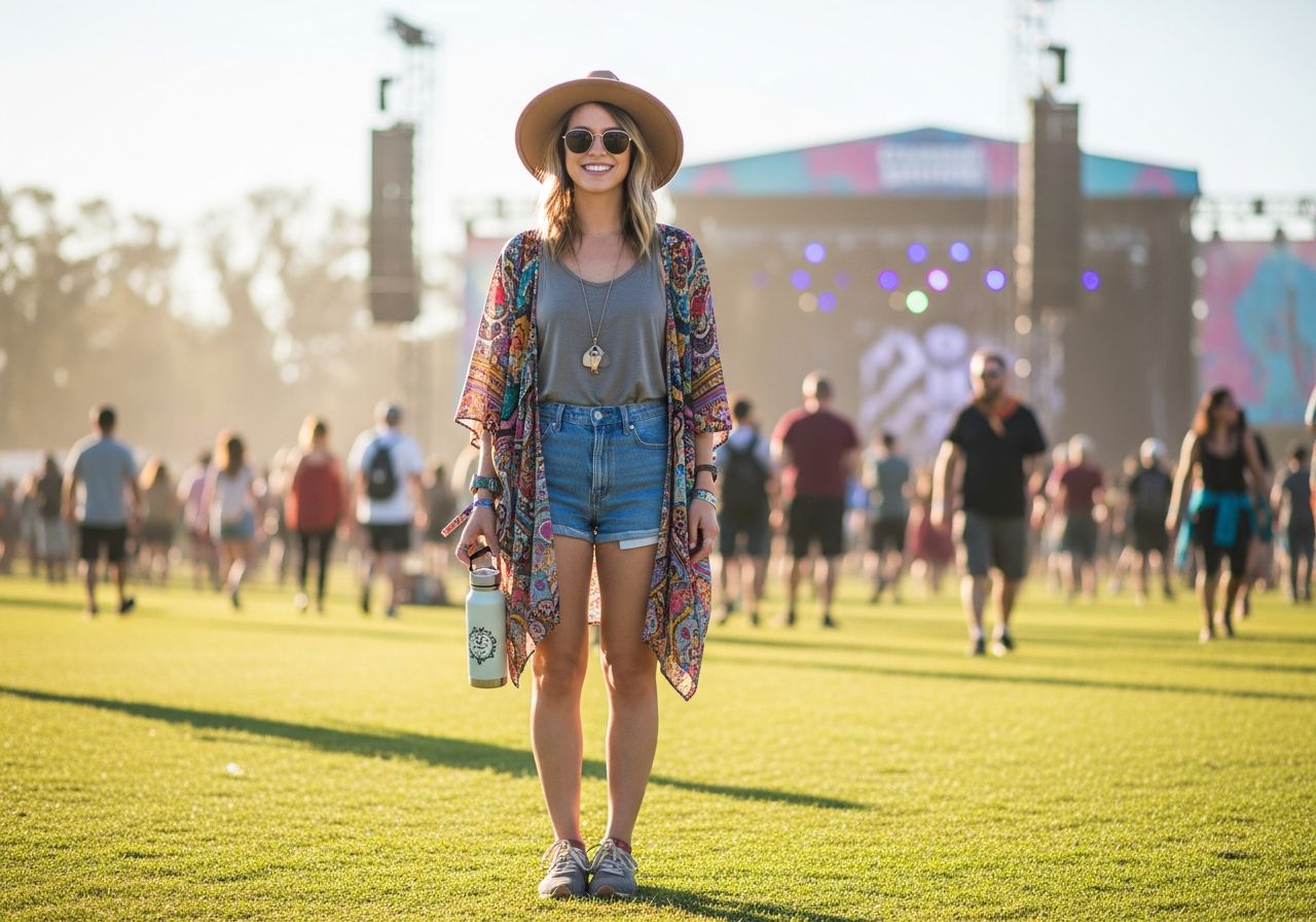 Mladá žena na letnom hudobnom festivale s klobúkom, slnečnými okuliarmi a fľašou na vodu.