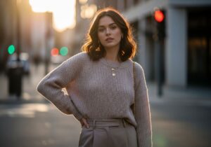 Mladá žena v oversize svetri na mestských uliciach počas zlatej hodiny s jemným zlatým šperkom.