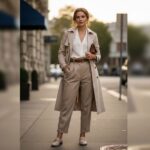 Žena v béžovom trenčkote na mestských uliciach s rozmazaným pozadím a ranným svetlom.