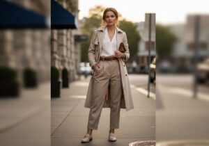 Žena v béžovom trenčkote na mestských uliciach s rozmazaným pozadím a ranným svetlom.