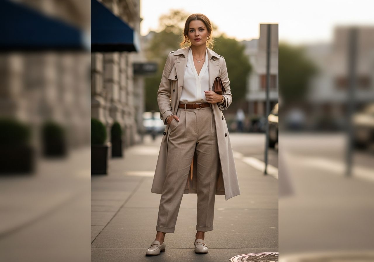 Žena v béžovom trenčkote na mestských uliciach s rozmazaným pozadím a ranným svetlom.