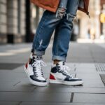 detailný záber na štýlové tenisky a ležérne oblečenie na mestskom chodníku za prirodzeného svetla