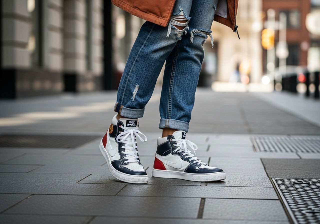 detailný záber na štýlové tenisky a ležérne oblečenie na mestskom chodníku za prirodzeného svetla