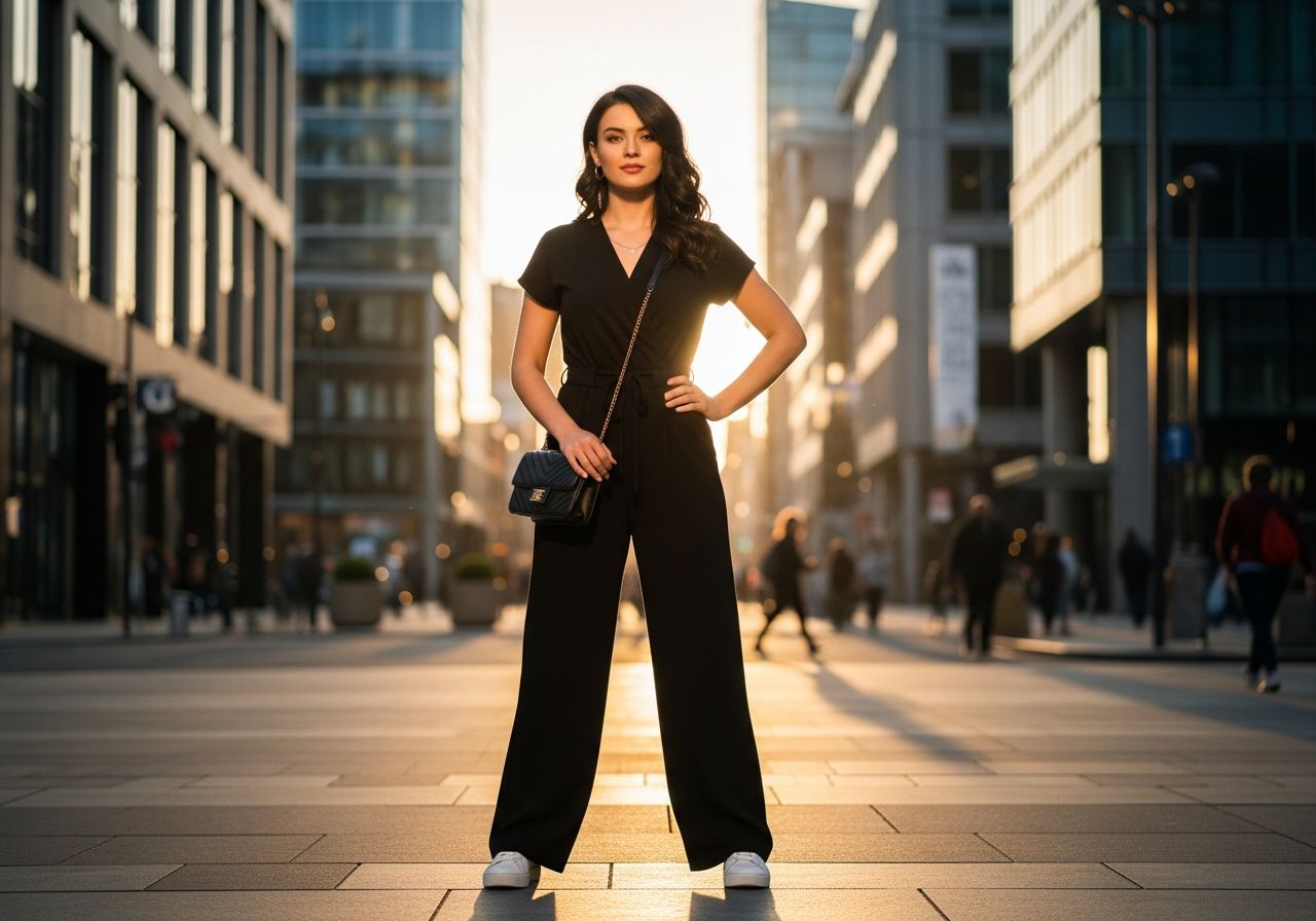 Mladá žena v čiernom overale stojí na mestkej ulici počas zlatej hodiny.