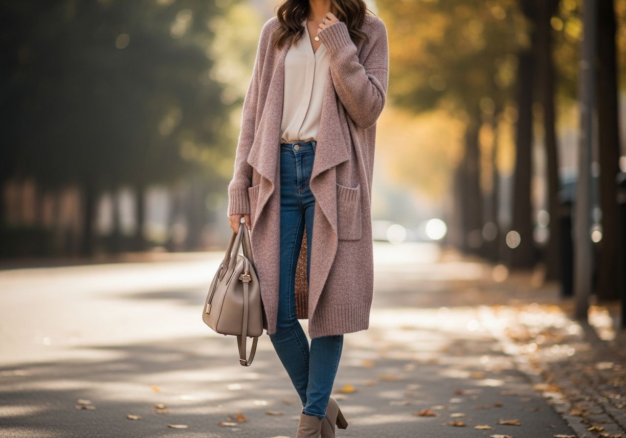 mladá žena v mestskom prostredí v svetri a úzkych džínsoch držiaca béžovú kabelku