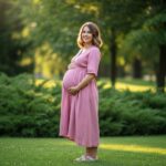 Tehotná žena v štýlovom oblečení na lúke s zeleňou, jemný úsmev, celotelový záber.