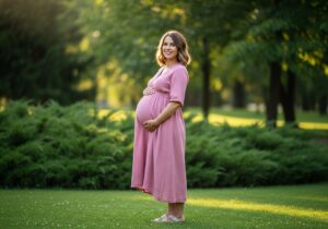 Tehotná žena v štýlovom oblečení na lúke s zeleňou, jemný úsmev, celotelový záber.