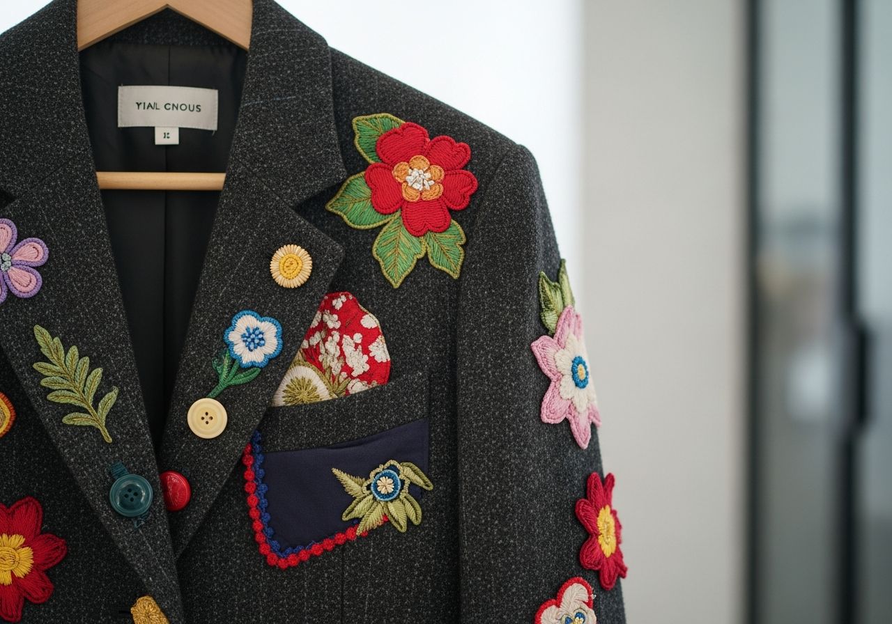 Detailný záber na sako s ručne vyšívanými kvetinovými aplikáciami na drevenom vešiaku.