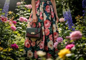 Žena v kvetinových šatách drží elegantnú kabelku v záhrade s kvetmi na slnečnom svetle.