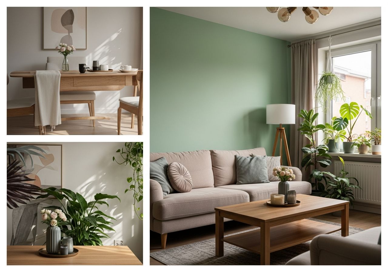 Fotorealistický obývacia izba s pistáciovo zelenou stenou, béžovou sedačkou, dreveným stolíkom a izbovými rastlinami