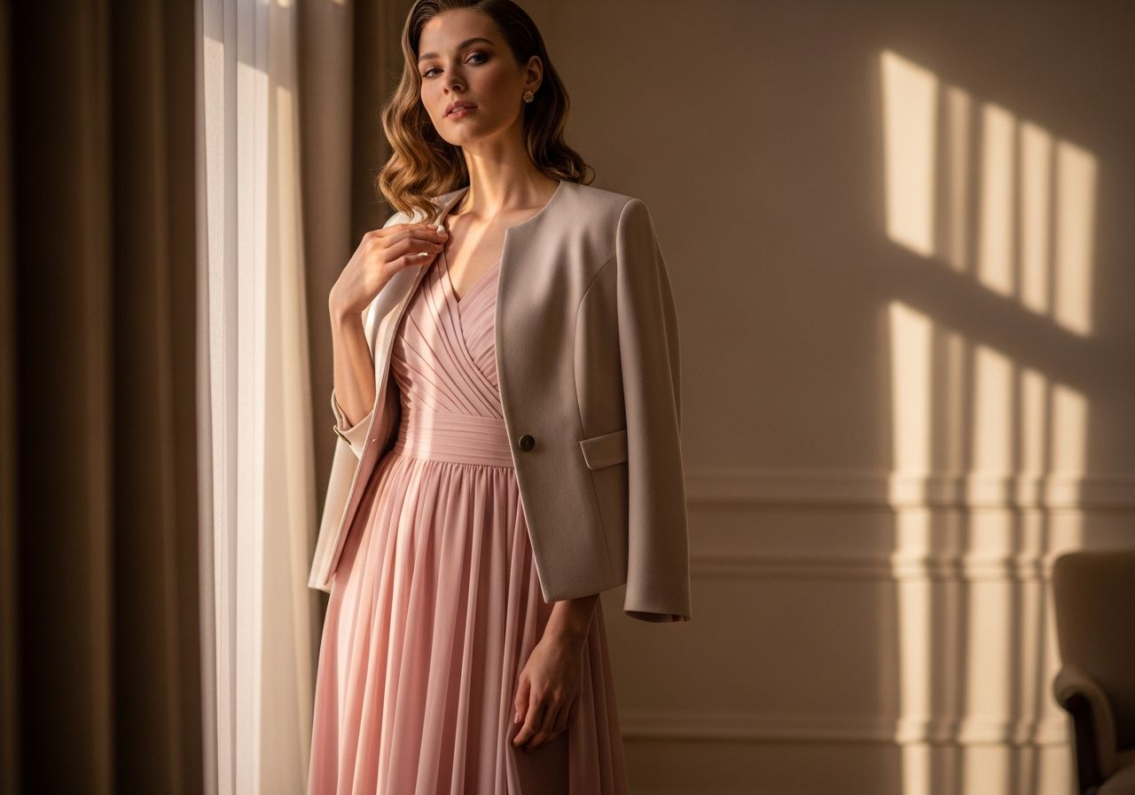Žena v ružových šatách a béžovom saku v elegantnej miestnosti s jemným svetlom.