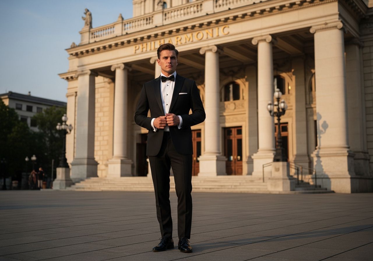 Muž v čiernom smokingu stojí pred veľkou filharmóniou v večernom svetle.