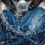 blízky záber mokrých riflí vo vnútri práčky, voda sa rozstrekla, textúra látky, pohybový rozostrenie