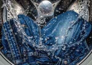 blízky záber mokrých riflí vo vnútri práčky, voda sa rozstrekla, textúra látky, pohybový rozostrenie